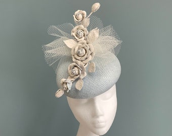 Pale blue statement hat, pastel blue Ascot fascinator, blue and white pillbox hat, small elegant race day hat, floral wedding headpiece,