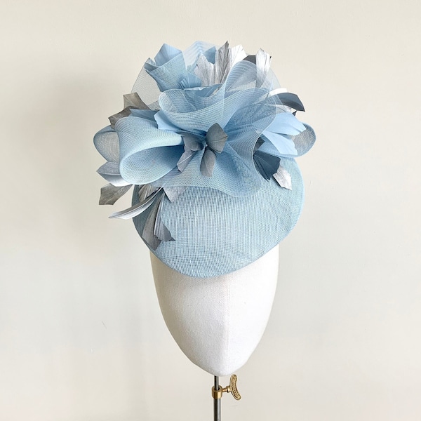 Baby blue Ladies Day hat, Statement Ascot hat pale blue, silver and blue feather fascinator, pale blue bow wedding hat, silver occasion hat