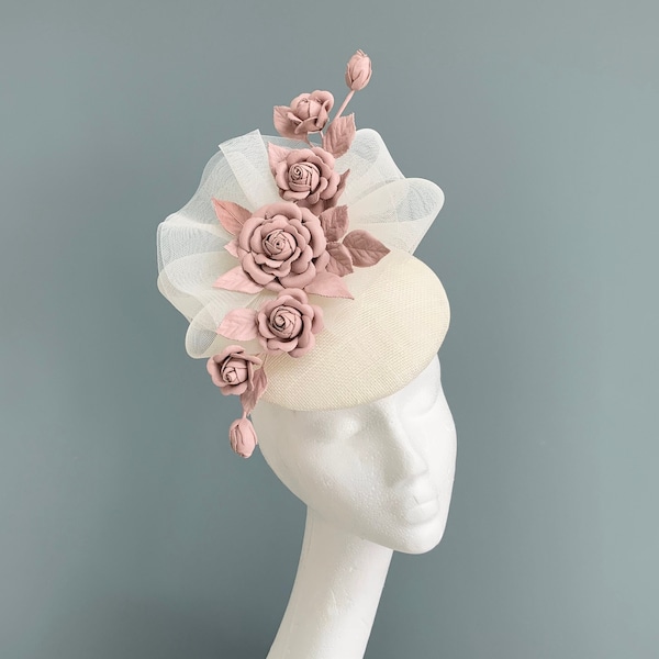 Statement Royal Ascot hat, pale pink fascinator, wedding hatinator, mother of the bride pink hat, ivory small hat, floral leather headpiece