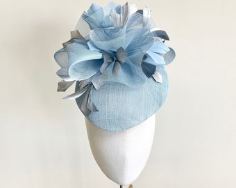 Baby blue Ladies Day hat, Statement Ascot hat pale blue, silver and blue feather fascinator, pale blue bow wedding hat, silver occasion hat