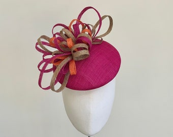 cerise pink fascinator, pink orange fascinator, bright pink hat, bright pink tangerine fascinator wedding guest hat cerise , race day hat