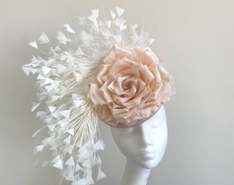 Statement feather Ascot hat, ivory and pink feather fascinator, Mother of the Bride hat, blush and cream cocktail hat, silk wedding hat