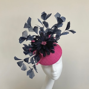 Cerise navy feather fascinator, statement feather Ascot hat, pink and blue cocktail hatinator, mother of the bride hat, wedding guest hat