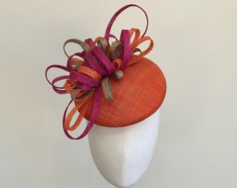 Orange fascinator pink fascinator, orange pink wedding hat, Ascot Hat, race day fascinator, wedding guest hat, Cerise Derby Day fascinator,