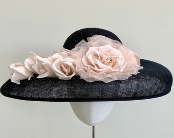 Navy and pink hat, pink blue wide brim Ascot hat, pink roses hat, mother of the bride navy blue hat, race day floral hat, wedding hat pink,