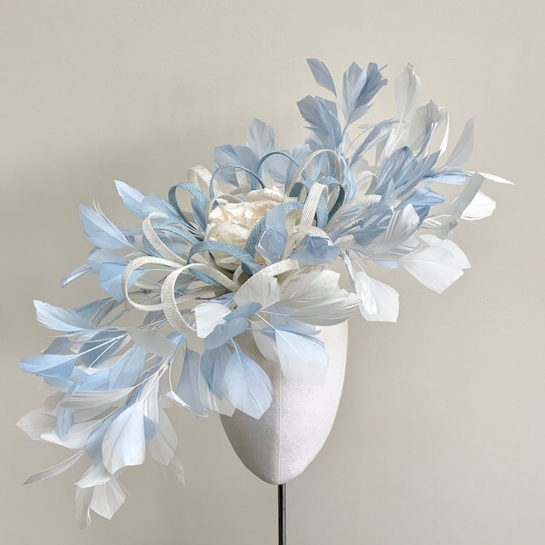 Baby blue feather fascinator, Kentucky Derby hat, baby blue Ascot hat, pale blue mother of the bride hat, Blue and cream feather hat,