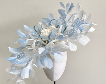 Baby blue feather fascinator, Kentucky Derby hat, baby blue Ascot hat, pale blue mother of the bride hat, Blue and cream feather hat,