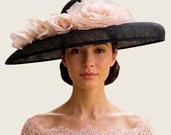 Navy Wide Brim Straw Hat With Pink Roses, Ascot Wedding  display picture 1