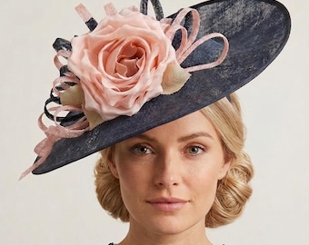 Large Navy Blue & Light Pink Rose Flower Fascinator Hat Big  display picture 3