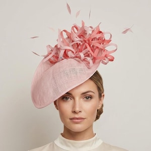 Pale Pink Coral Feather Statement Hat, Ascot Wedding Occasion Fascinator