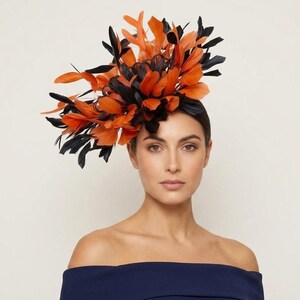 Navy Orange Feather Fascinator, Kentucky Derby Ascot Races Hat