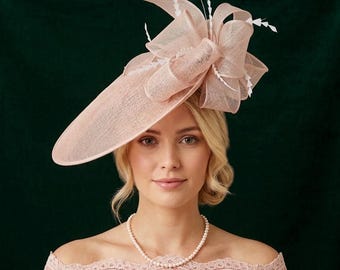 Blush Sinamay Saucer Hat, Elegant Bow Fascinator, Wedding Ascot Headpiece