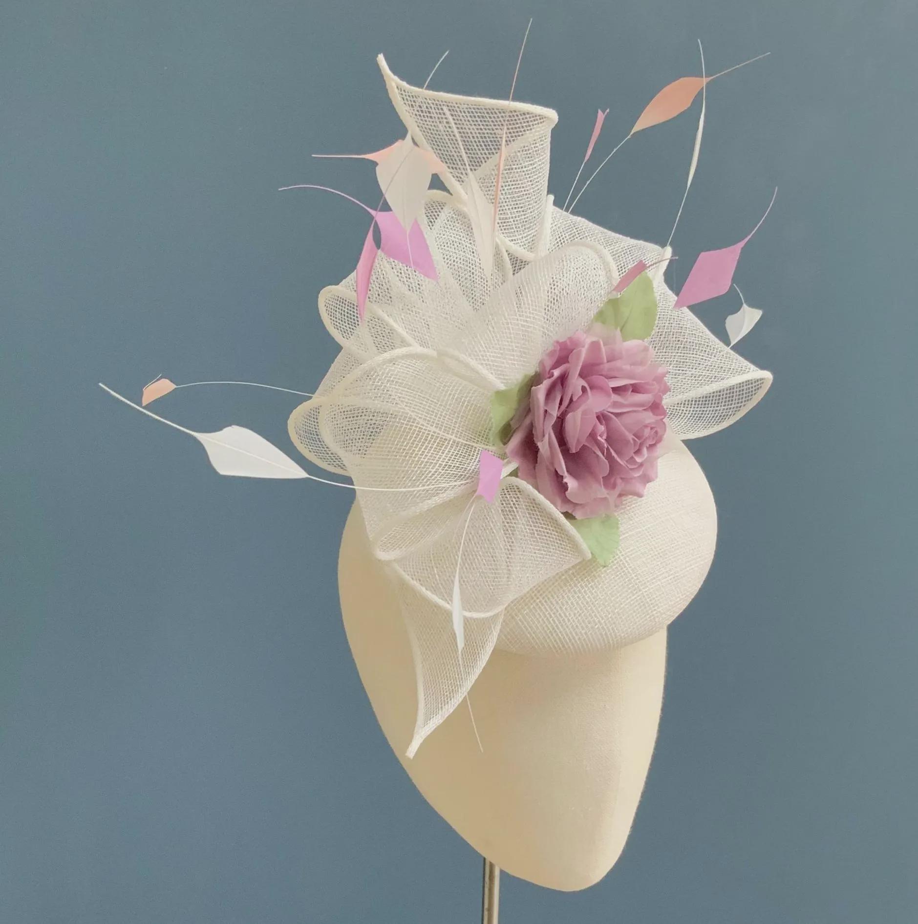 White Lilac Feather Floral Fascinator Hat, Elegant Bow Rose 