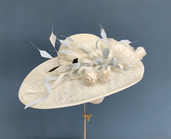Elegant Cream Hat with Feather Detail Grey and Cream Wedding Hat With Feathers - Grey Ladies  main image 4