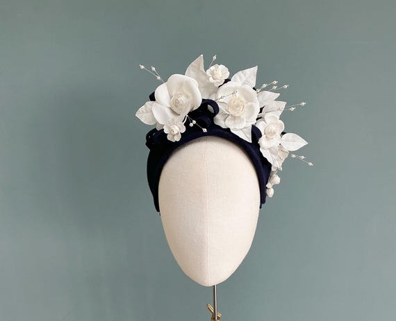 Elegant Cream Headwrap with Floral Accents Cream Floral Headband, Cream Wide Headband, Wide Turban  main image 4