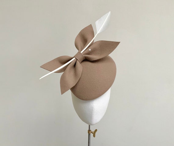 Beige and Ivory Hat, Statement Ascot Fascinator, Camel Felt  display picture 3