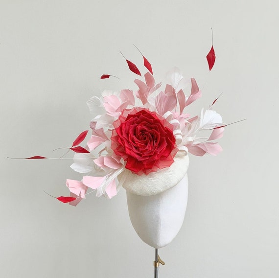 Statement Ascot Feather Hat, Red Rose Fascinator, Pink and  display picture 1