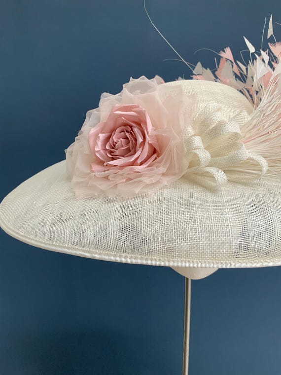 Statement Ascot Hat, Ivory and Pink Wedding Hat, Pink Rose and
