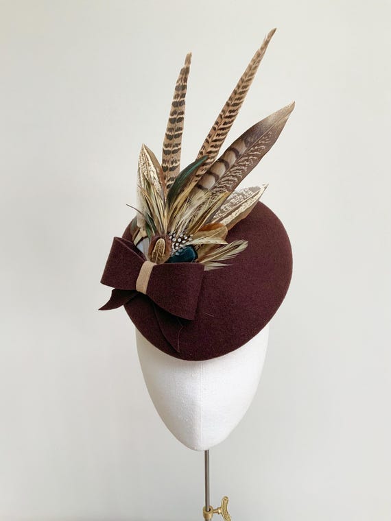 Statement Feather Ascot Hat, Chocolate Brown Shooting Hat  display picture 2