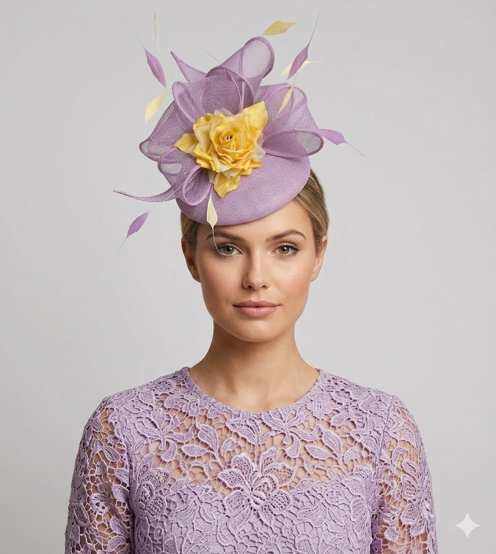 Lavender abaca silk oversized bow, whimsy coque feathers with silk lilac flower White Lilac Feather Floral Fascinator Hat, Elegant Bow Rose  main image 4