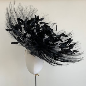 Statement feather headpiece, Ascot ostrich fascinator, black feather occasion hat, large wedding hat, elegant race day hat with feathers
