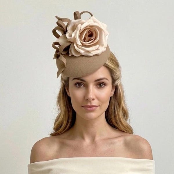 Camel Felt Pillbox Hat with Cream Silk Rose, Winter Wedding Fascinator