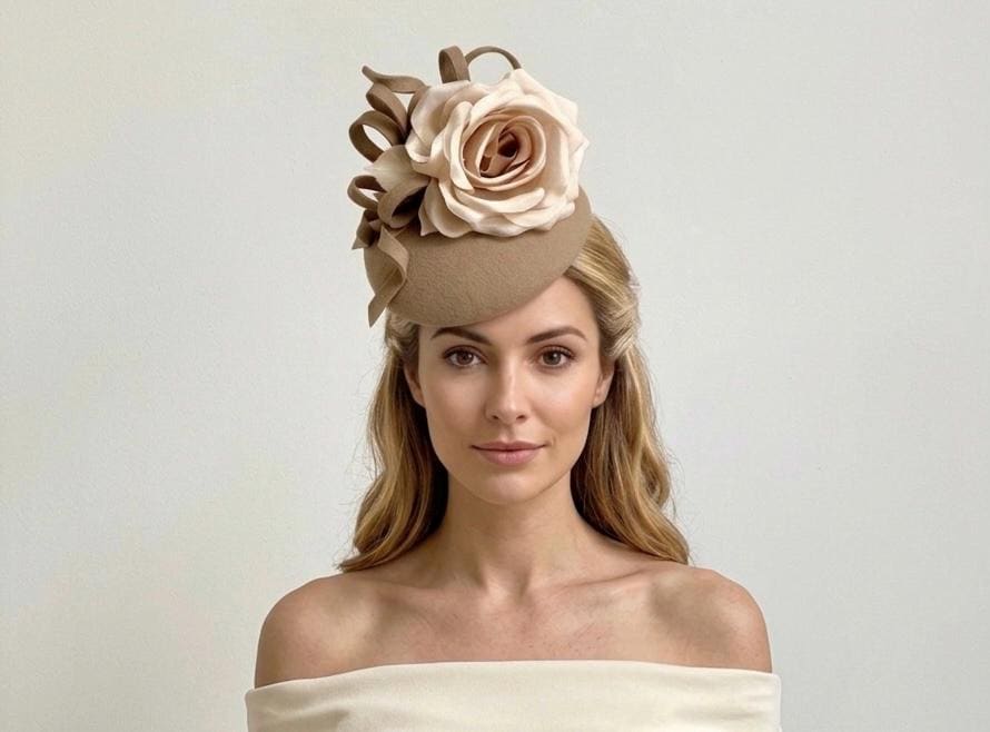 Camel Felt Pillbox Hat with Cream Silk Rose
