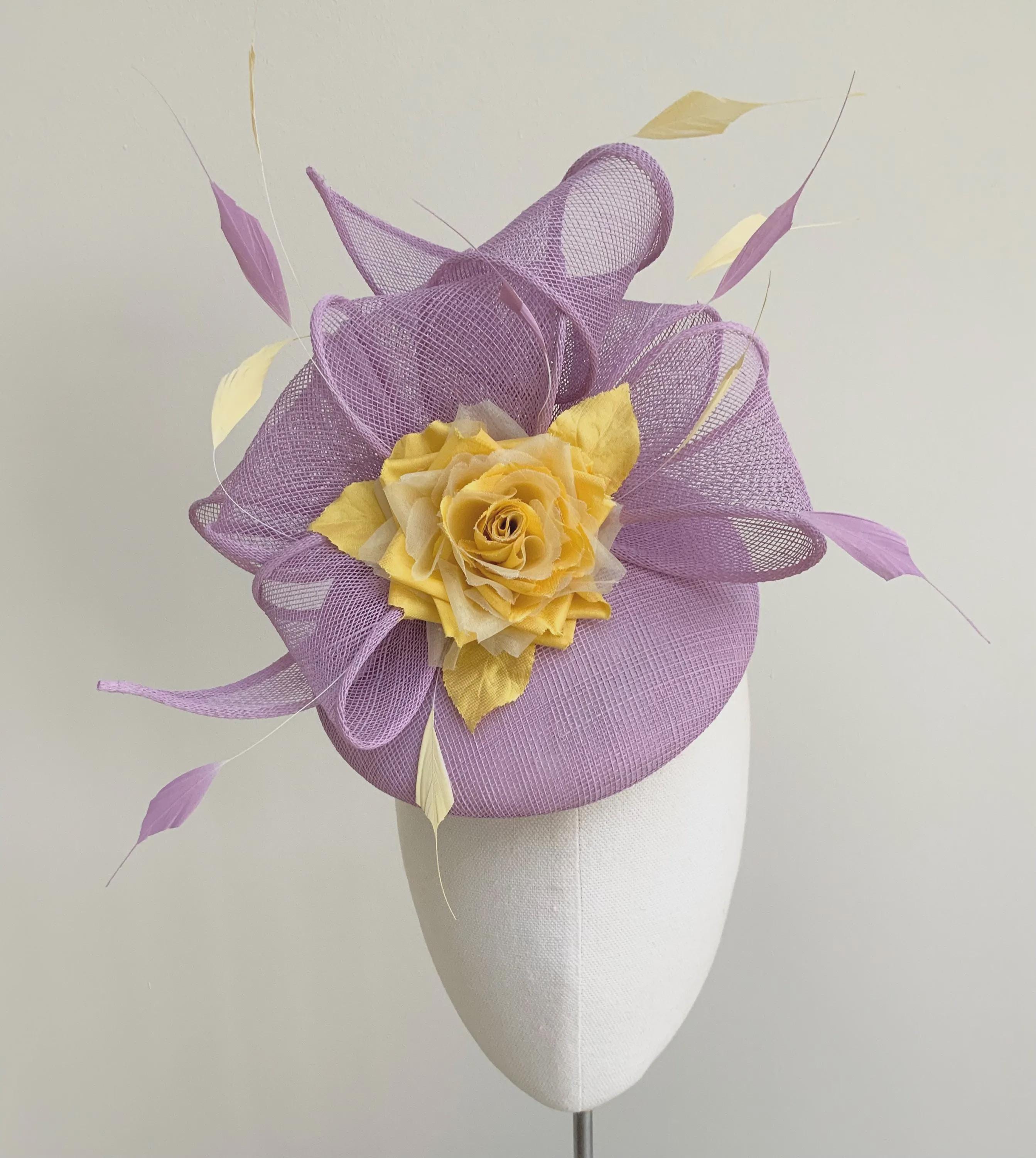 Lavender abaca silk oversized bow, whimsy coque feathers with silk lilac flower White Lilac Feather Floral Fascinator Hat, Elegant Bow Rose  main image 2