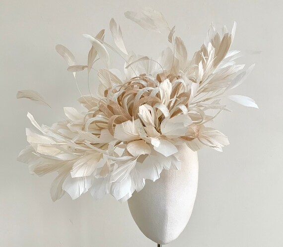 Elegant Cream Hat with Feather Detail Large Cream Feather Fascinator Hat Big Teardrop Wedding  main image 2