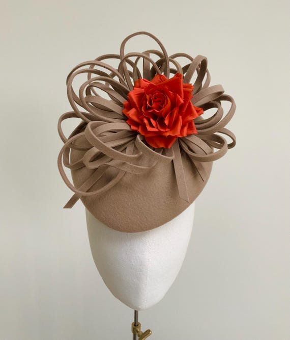 Statement Ascot Hat, Camel Orange Felt Wedding Hat, Orange  display picture 1