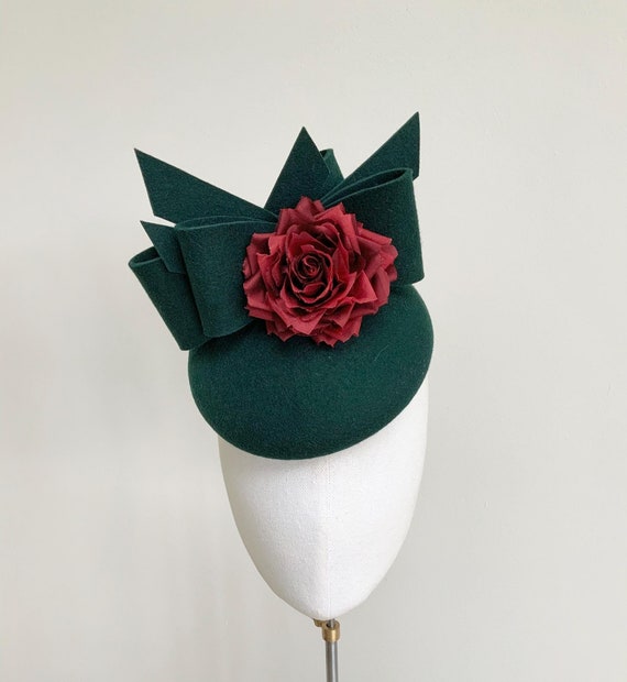 Dark green felt rosette fascinator headband Olive Disc Fascinator with Fabric Rose & Netting main image 4