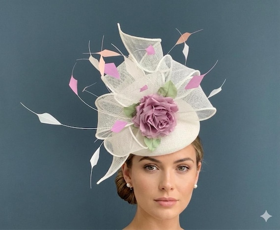 White Lilac Feather Floral Fascinator Hat, Elegant Bow Rose  display picture 1