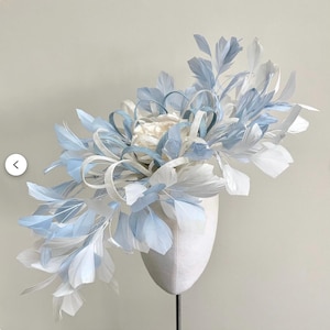 Baby blue feather fascinator, Kentucky Derby hat, baby blue Ascot hat, pale blue mother of the bride hat, Blue and cream feather hat,