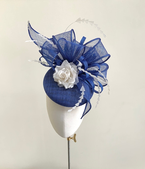 Statement Royal Blue Feather Fascinator, Cobalt Blue and White Bow