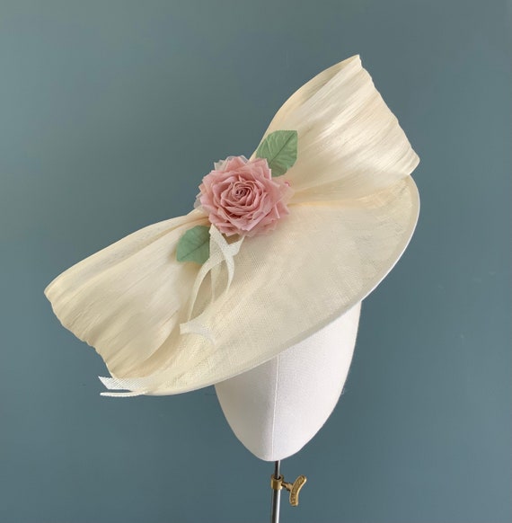 Ivory Statement Ascot Hat, Wide Brim Cream Wedding Hat, Pink  display picture 1
