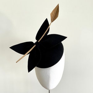 Black and gold headpiece, statement Ascot fascinator, black felt winter wedding hat, elegant Ladies Day fascinator, gold and black pillbox