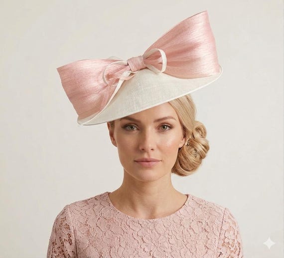 Ivory Sinamay Fascinator Hat, Pale Pink Silk Bow, Ascot  display picture 3