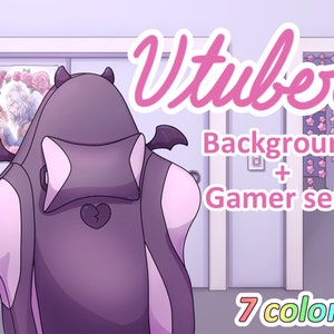 May include: A purple and pink gamer chair with black wings and a broken heart design. The chair is in front of a purple and white wall with the text "Vtuber Background + Gamer Seat 7 colours!"