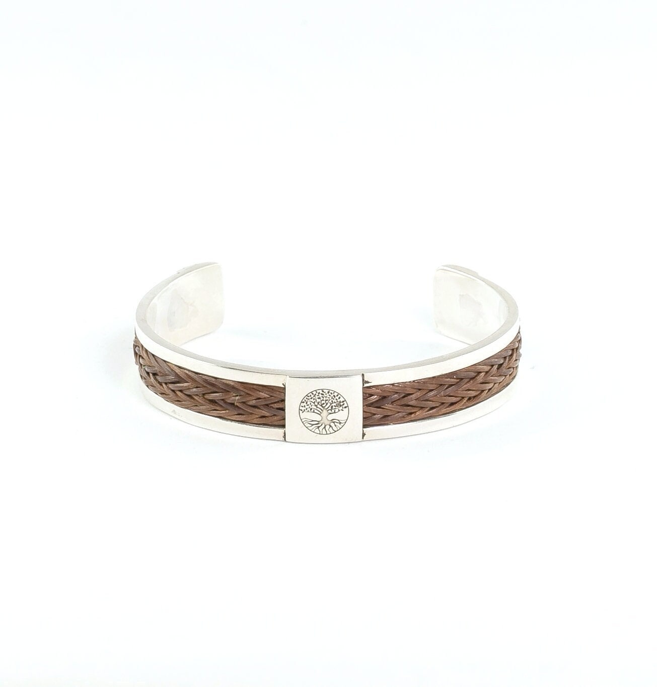 Unisex Bracelet Logo Tree of Life in Silver 925 Cuff jonc with Braiding Natural Vegetable Leather