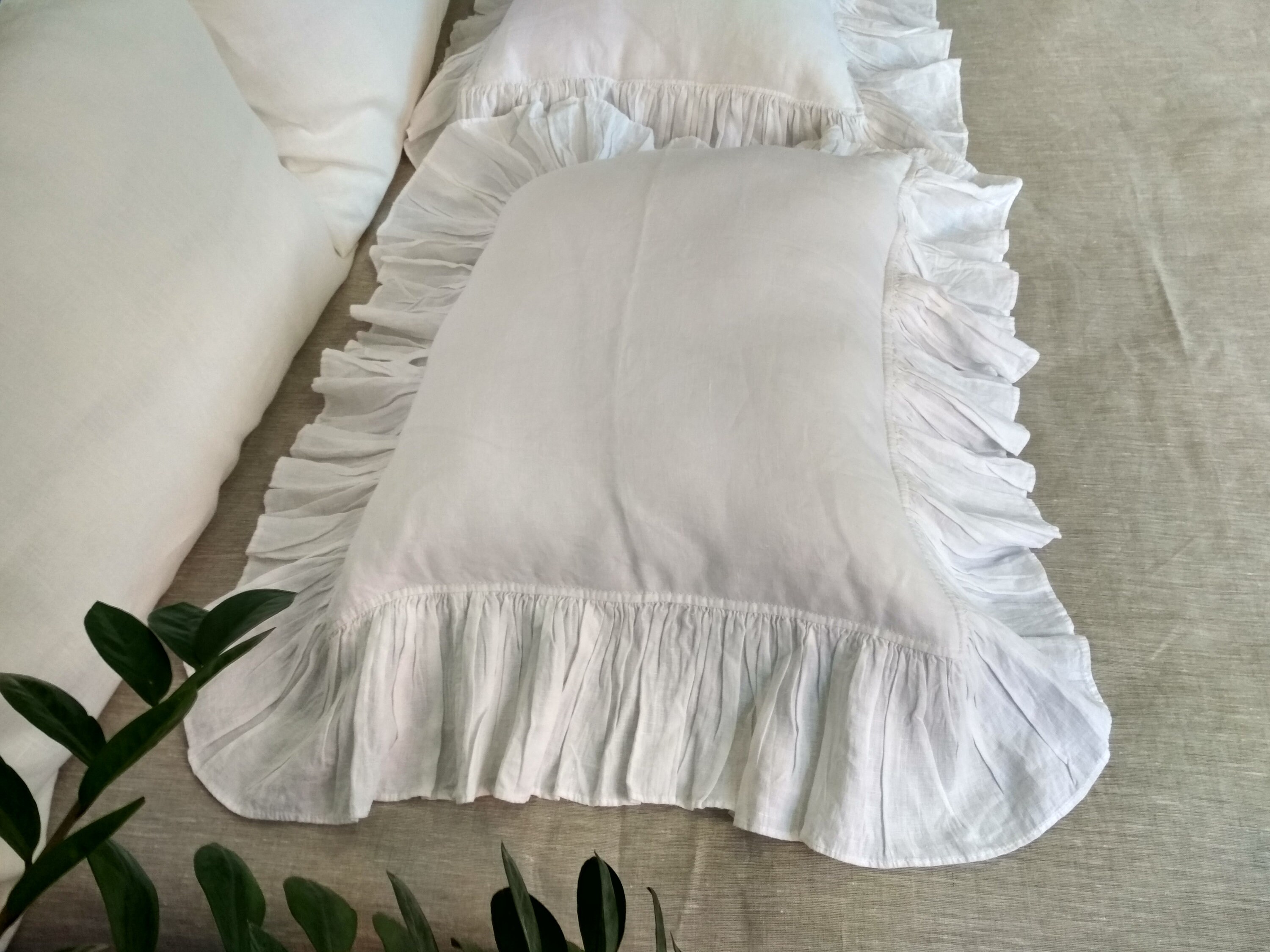 Linen pillowcase with frills around/zippered closing/ King Etsy