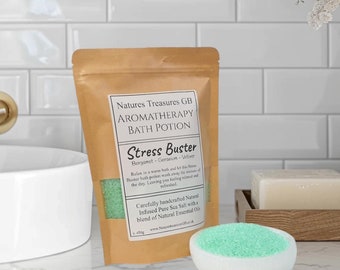 Stress Buster - 450g Beutel Aromatherapie-Badesalz - Entspannend, Beruhigend, rein natürliche Inhaltsstoffe, handgemacht, Selbstpflege, perfektes Geschenk, SLS-frei