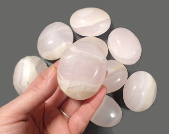 Polished Natural Mangano Calcite  Palm Stone - Stress Reliver - Nurturing - Anxiety - Tension - Negativity - UV -  Meditation - Gift - 5cm