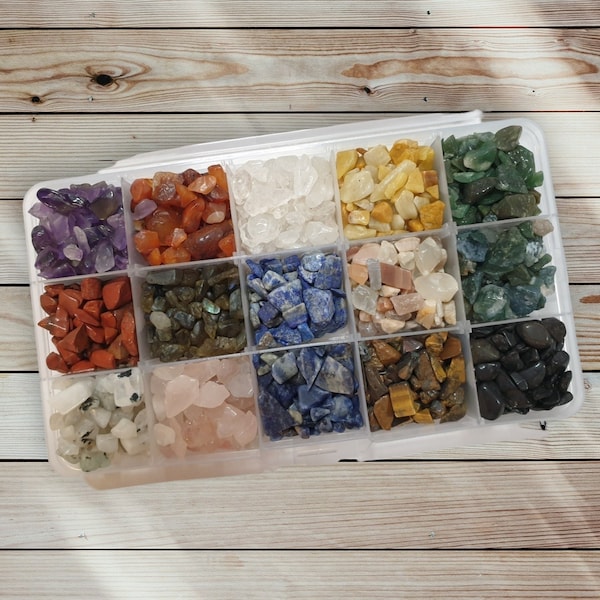 Massive Mixed Crystal Chip 15 part container - Natural Crystal Chips - Tumbled Chips - Undrilled Chips - Confetti - Reiki - Chakra - Gift