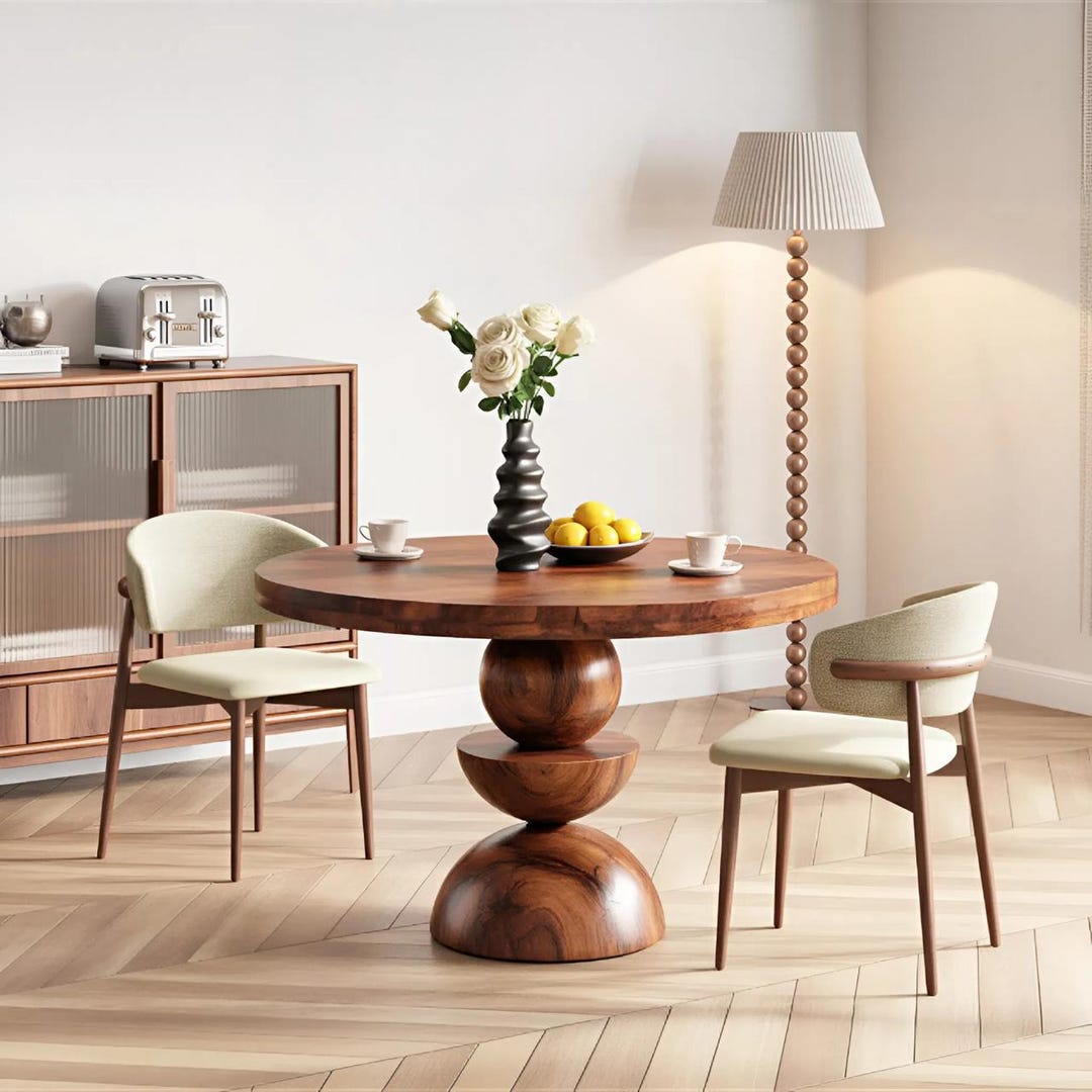 Modern Sculptural Round Dining Table With Geometric Pedestal Base for ...