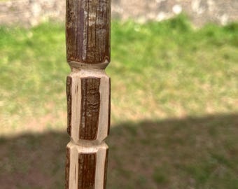 45.5”unique Hazel hiking stick. Hand carved chequer board hand grip, paracord wrist strap, smooth angled thumb rest & rubber ferrule