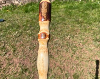 Spanish chestnut hiking stick. 46” straight shaft with original hand grip carved into the top of the smooth stout shaft. Rubber ferrule