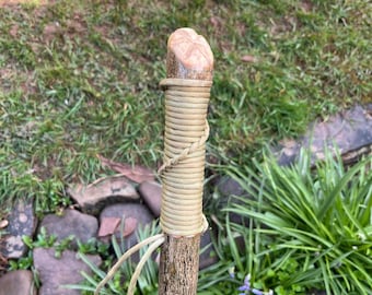 45.5” Holly Hiking Stick - spiral paracord hand grip & wriststrap, a smooth and  angled carved thumb rest and a nice straight strong shaft