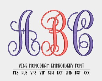 Vine Monogram Embroidery font letters pes hus vp3 vip sew exp emd dst machine embroidery design Vine embroidery font