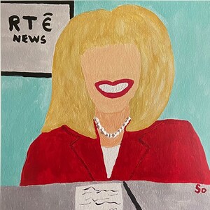 May include: A painting of a woman with blonde hair wearing a red jacket and a pearl necklace. She is smiling and has a microphone in front of her. The sign behind her says "RTÉ NEWS".