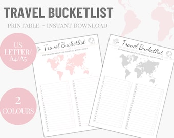 May include: Printable travel bucket list with two different color options: pink and gray. The list features a world map and space for 43 destinations. The text reads "Travel Bucketlist Stop dreaming about your bucket list & start living it."